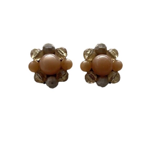 Vintage 1950s Faux Pearl Sea Cream Orange Crystal Cluster Clip on Earrings - Picture 1 of 12